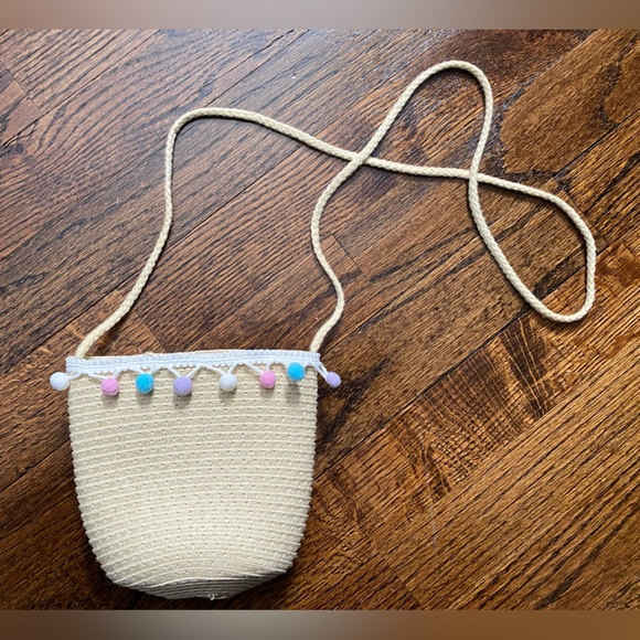 Crossbody Bag Kid Purse Woven PomPom accents Cream Pastel Pink Blue White Purple - Picture 10 of 10